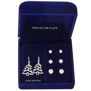 Anthropologie Fine Silver Plated Cubic Zirconia Tree Four Piece Earring Set